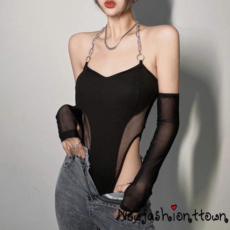 Nfashion Bộ Áo Liền Quần Phối Lưới Dây Xích + Tay Áo Cánh Tay Màu Đen Hợp Thời Trang Cho Nữ
