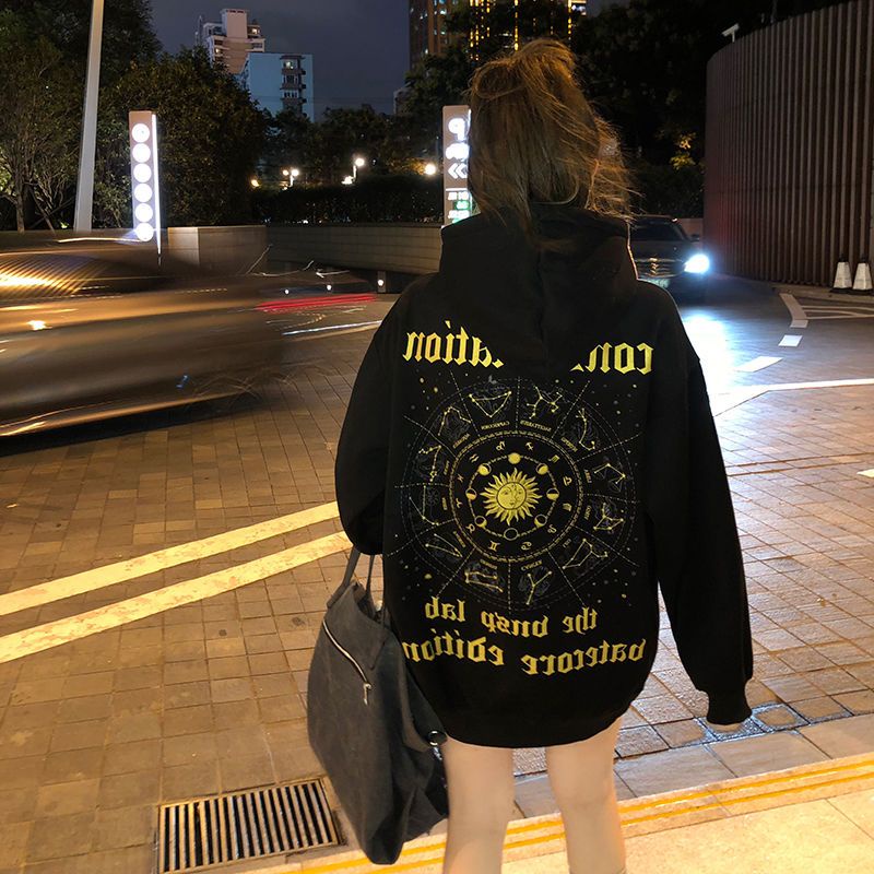 Velvet and thickened hooded sweater women's Korean version loose American vintage vibe style niche design medium-and long-style blouse