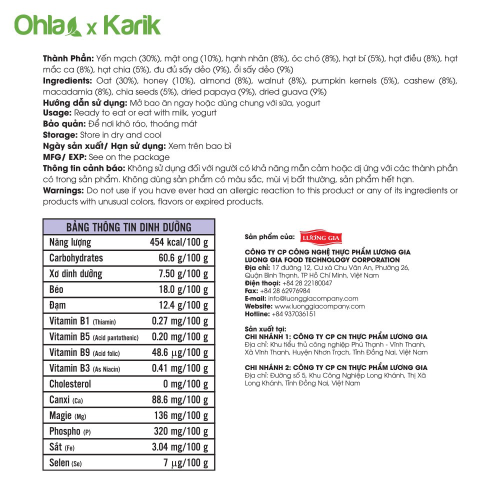Ngũ cốc dinh dưỡng ăn tối Oatmeal Karik x Ohla yến mạch, hạnh nhân, trái cây sấy dẻo 60g và 180g