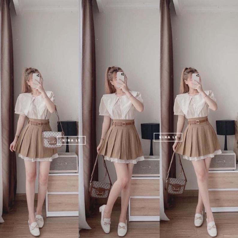 [NEW] Set Áo Sơ mi Cổ Nhọn Mix Chân Váy Xếp Ly Nâu Kèm Đai ( Hàng Sẵn)