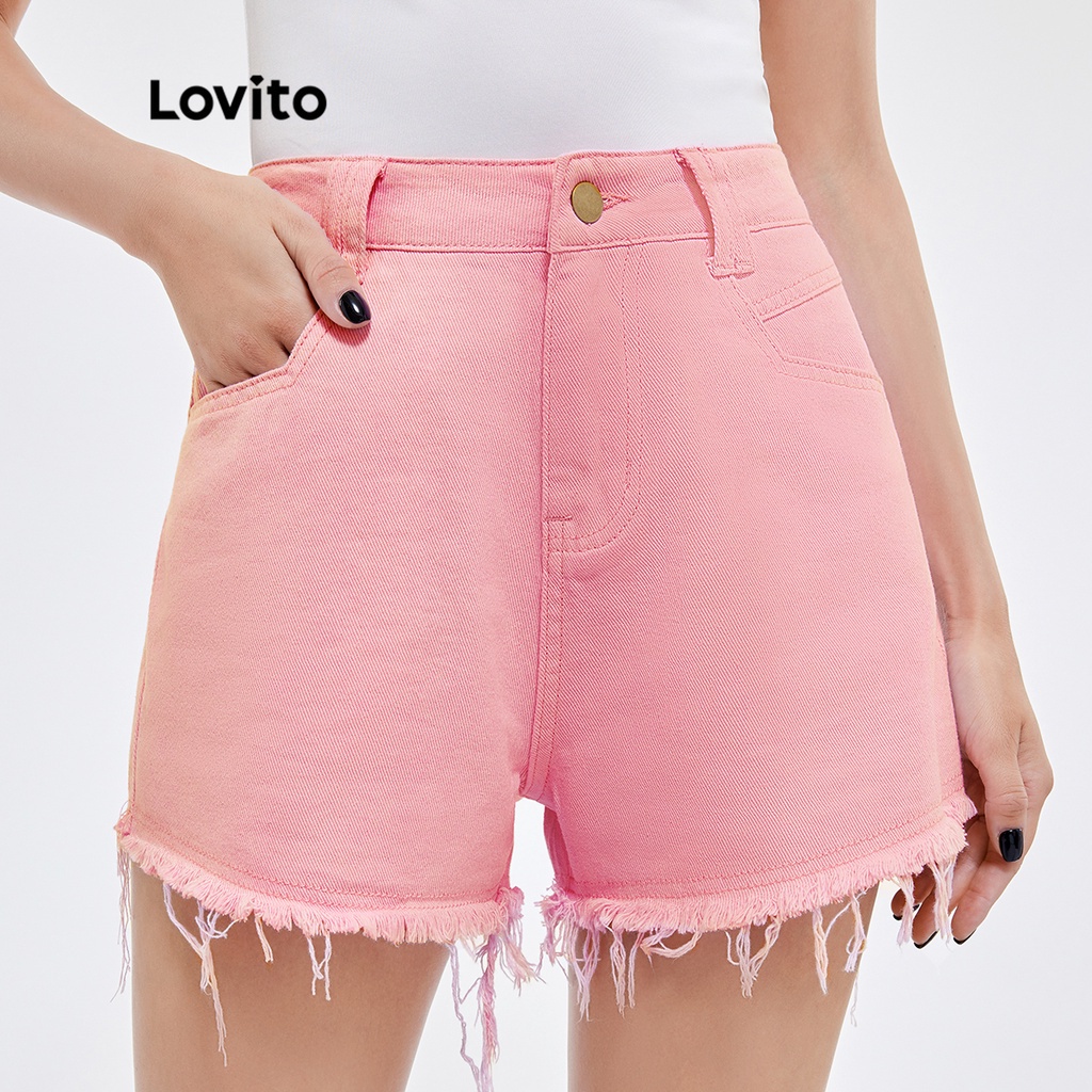 Quần short denim Lovito có túi khóa kéo đơn giản màu trơn L25AD090 (màu hồng)