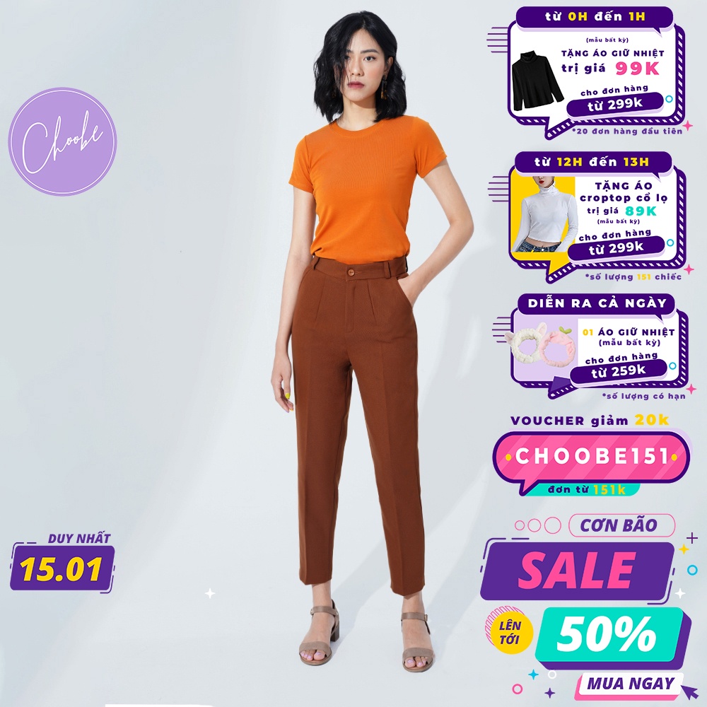 Quần tây nữ Choobe công sở lưng cao vải âu baggy đi học đẹp trẻ trung dáng dài màu NÂU Q07