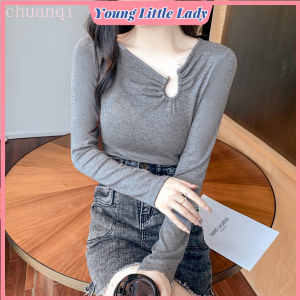 Áo thun tay dài dáng ôm phong cách phương Tây thời trang mùa thu mới cho nữ