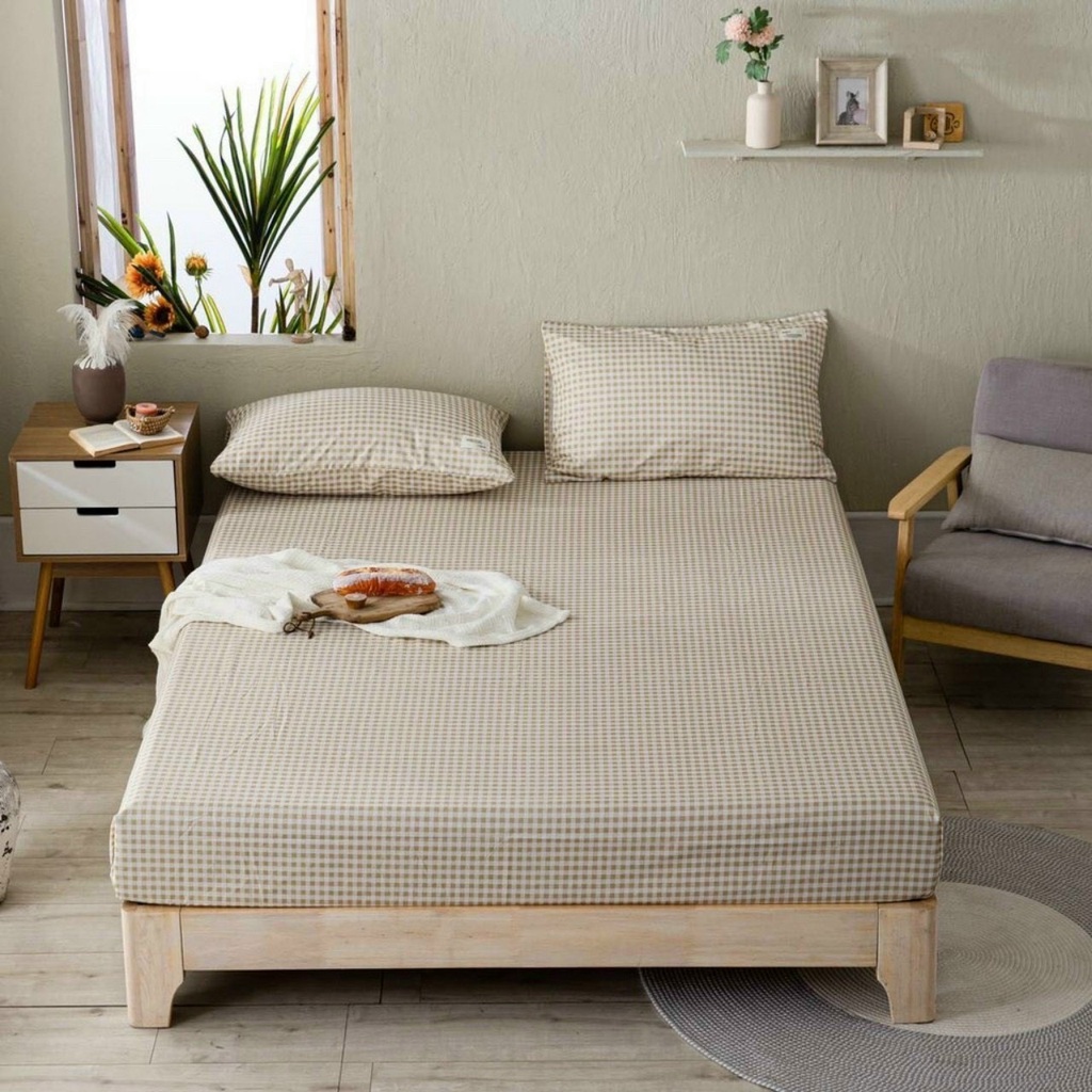 Sét Ga Gối 3 Món Cotton Tici Hizun Mẫu Kẻ Hàn Quốc