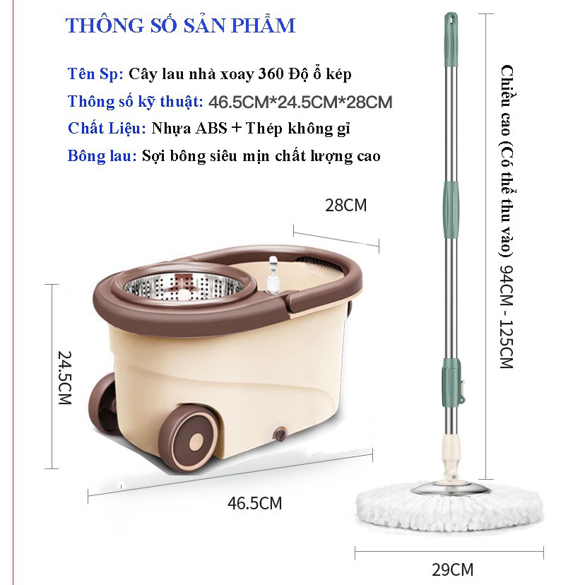 Bộ Chổi Lau Nhà Tự Vắt 360 Độ, Thùng Lau Công Nghệ Ổ Quay Đĩa Kép Mới Broom Green PR04