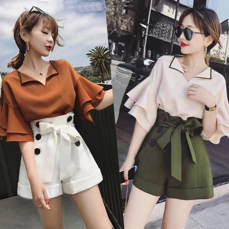 ✿Áo Sơ Mi✿Bộ Áo Voan Cổ Chữ V Tay Xếp Nếp + Quần Short Ống Rộng Thời Trang Mùa Hè Hàn Quốc 2022