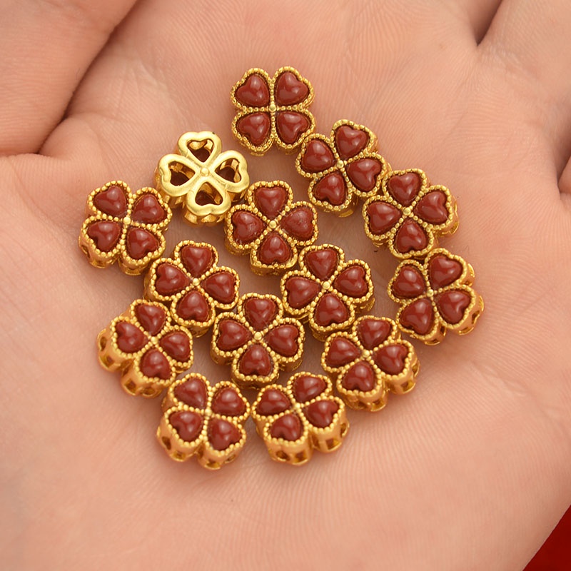 Phụ Kiện Trang Sức Vòng Đeo Tay Dây Bện Mặt Cỏ Bốn Lá Màu Vàng Đỏ Phong Cách Cổ Điển diy