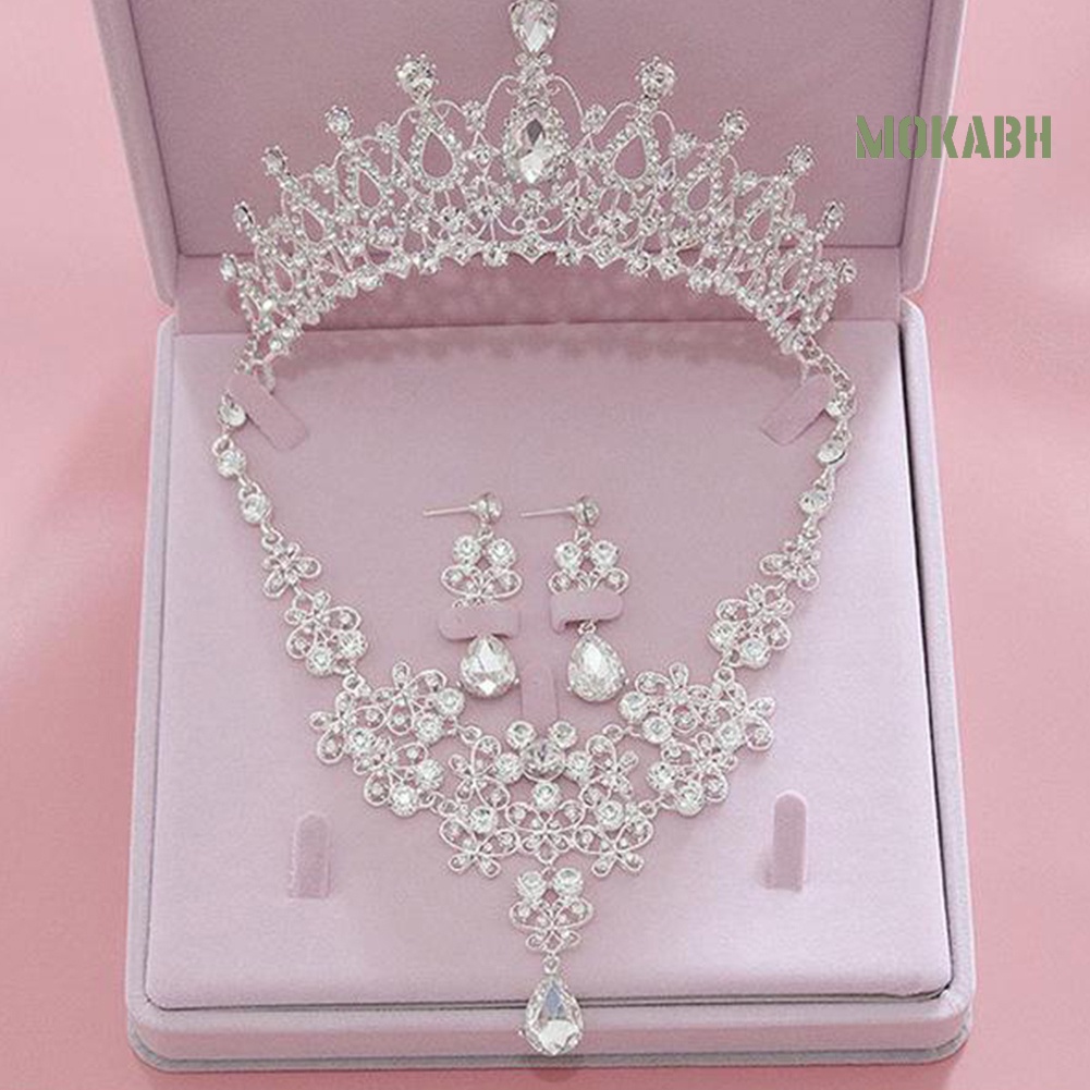 Bộ Trang Sức 3 Món Gồm Vòng cổ / Bông Tai / Vương Miện Đính Đá Cho Cô Dâu