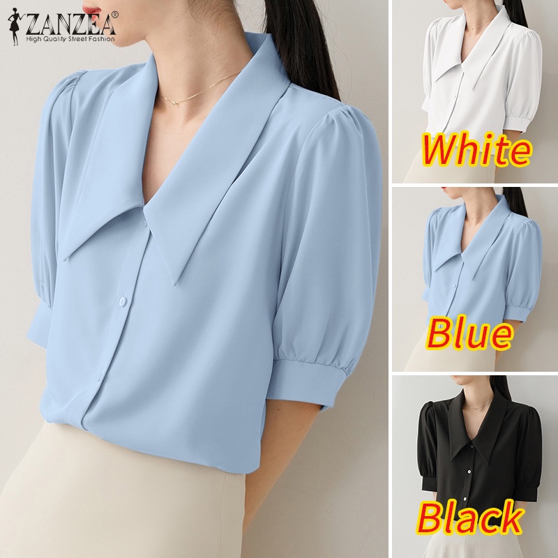 Áo sơ mi ZANZEA tay ngắn cổ bẻ cài nút thời trang Hàn Quốc cho nữ