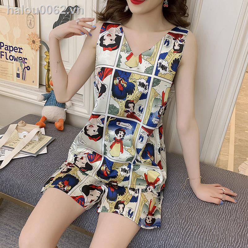✶✓♙✿Ready stock✿  Ice silk sexy pajamas female charming summer suit large size net red vest suspenders short-sleeved home clothes can be worn outside