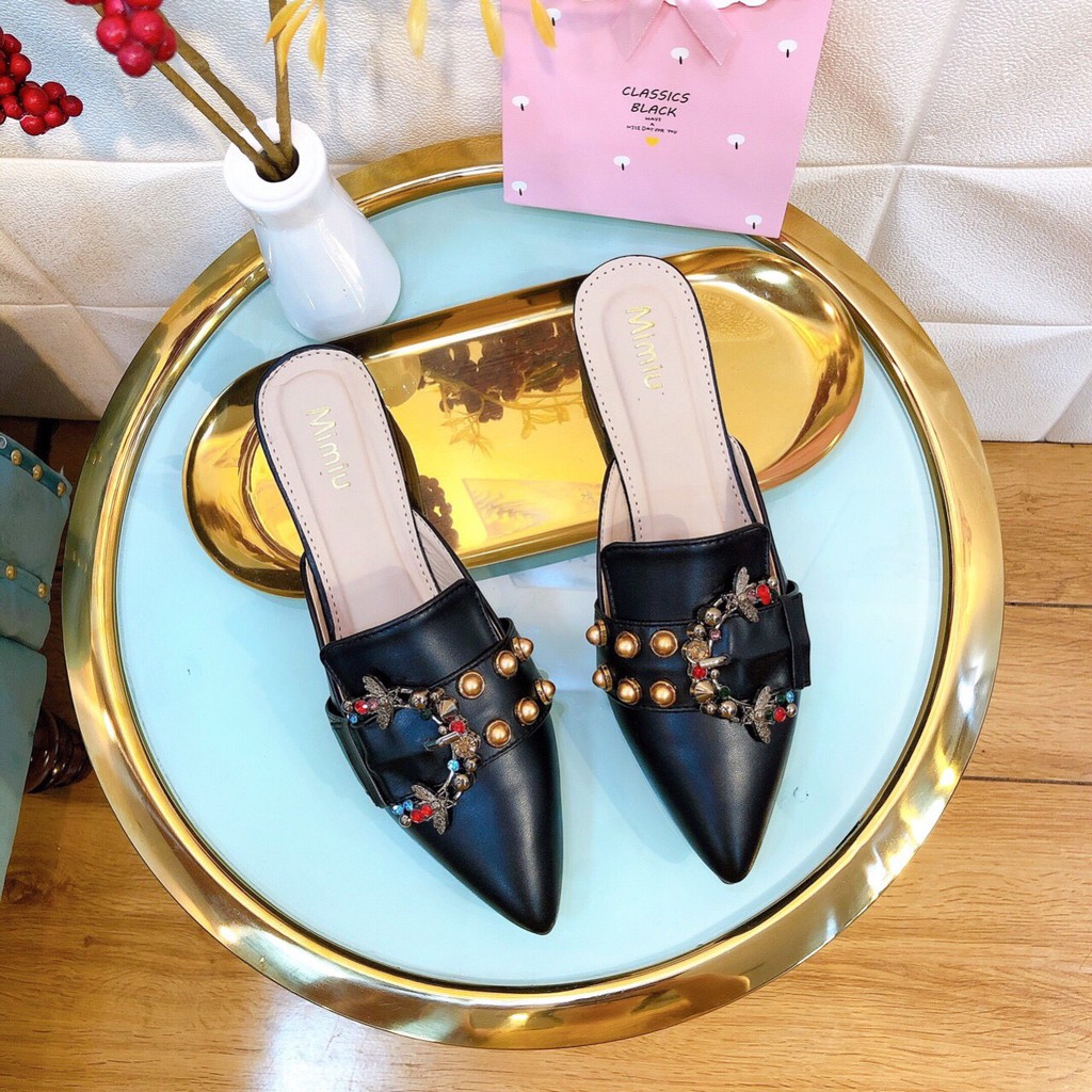 Giày sục nữ thời trang khóa đính đá, giày búp bê nữ gót vuông mũi nhọn, gót cao 2p form chuẩn màu đen