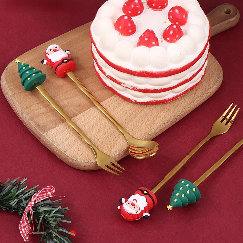 Set 2 Món Muỗng Nĩa / Nĩa / Tráng Miệng Hình Ông Già Noel Tuần Lộc Hoạt Hình Bằng Thép Không Gỉ Kèm Hộp Đựng