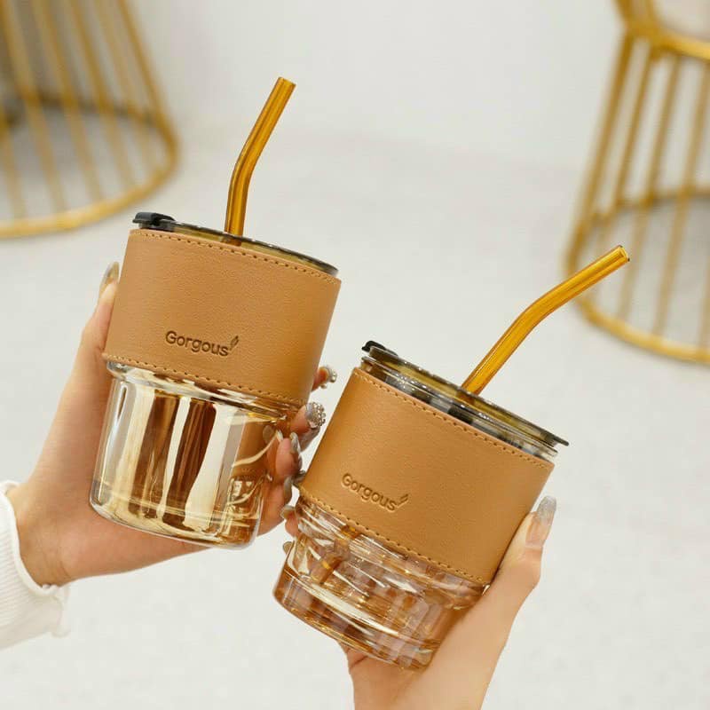 Ly cốc thủy tinh có nắp đậy và ống hút bọc da dung tích 450ml kiểu dáng sang trọng