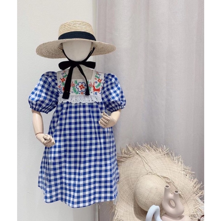 Đầm Công Chúa Tay Phồng Thêu Họa Tiết Caro Xinh Xắn Cho Bé Gái