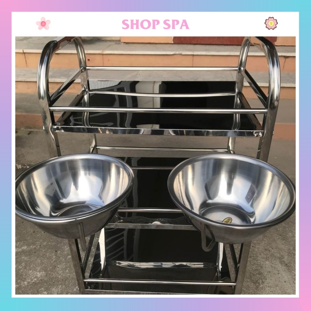 Xe đẩy inox spa 3 tầng có bát nước to dùng trong spa