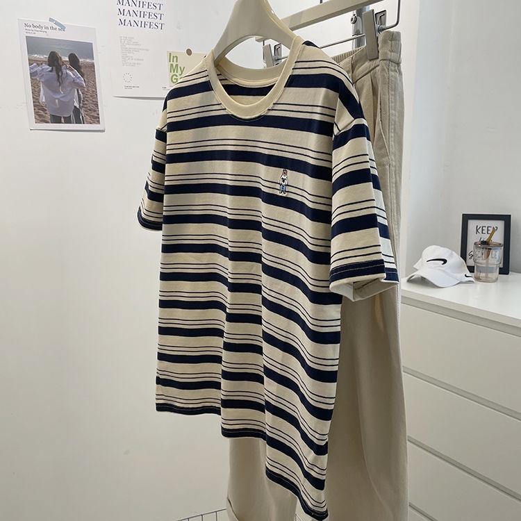 Áo Thun Tay Ngắn Dáng Rộng Thêu Họa Tiết Kẻ Sọc Đơn Giản Thời Trang Mùa Hè Phong Cách Hàn Quốc Mới Cho Nữ