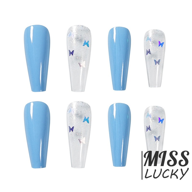 VN (Hàng Mới Về) Set 24 Móng Tay Giả Màu Xanh Da Trời Lấp Lánh