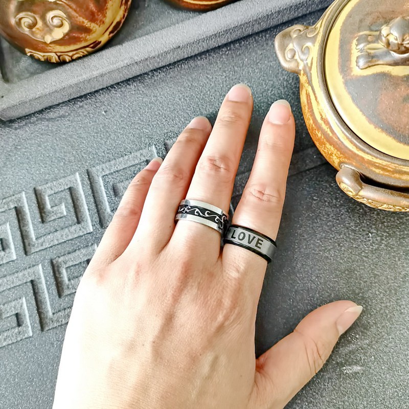Nhẫn 5040 Bằng Thép Không Gỉ Màu Đen 8mm In Họa Tiết Đa Dạng Sáng Tạo