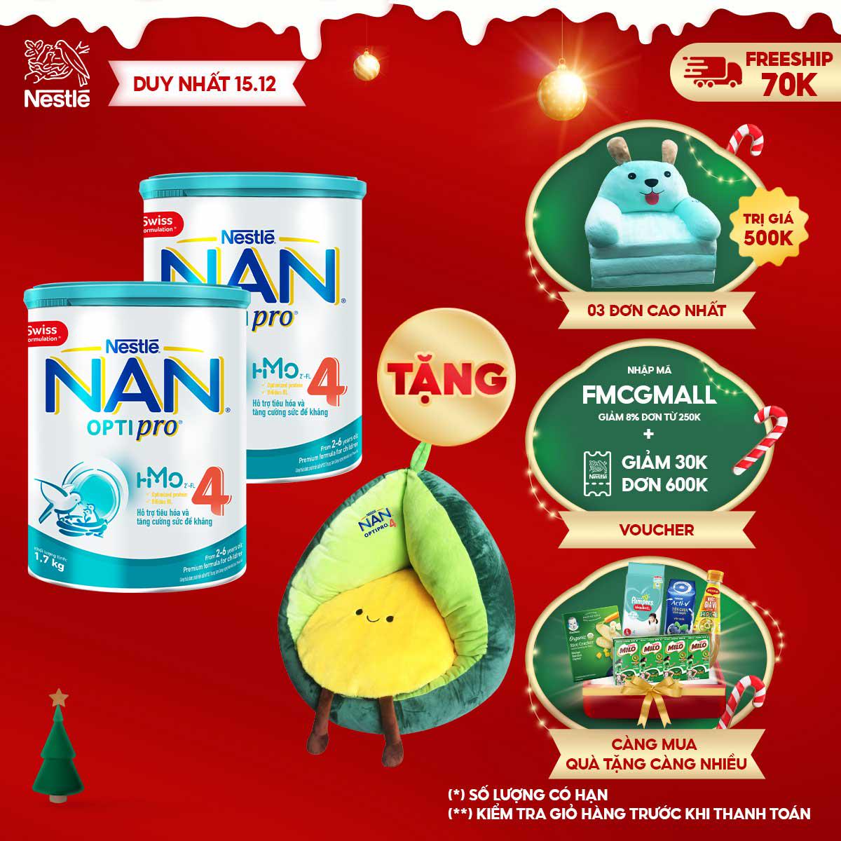 [Tặng 1 Ghế Sofa Trái Bơ] Combo 2 Lon Sữa Bột Nestle NAN Optipro 4 1,7kg/lon