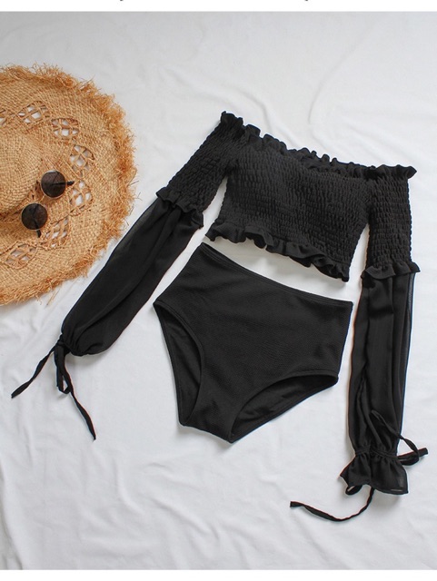 [BKN651] &lt;HÀN&gt; SET BIKINI TAY BỒNG ĐEN KIỂU HÀN (CẠP CAO)