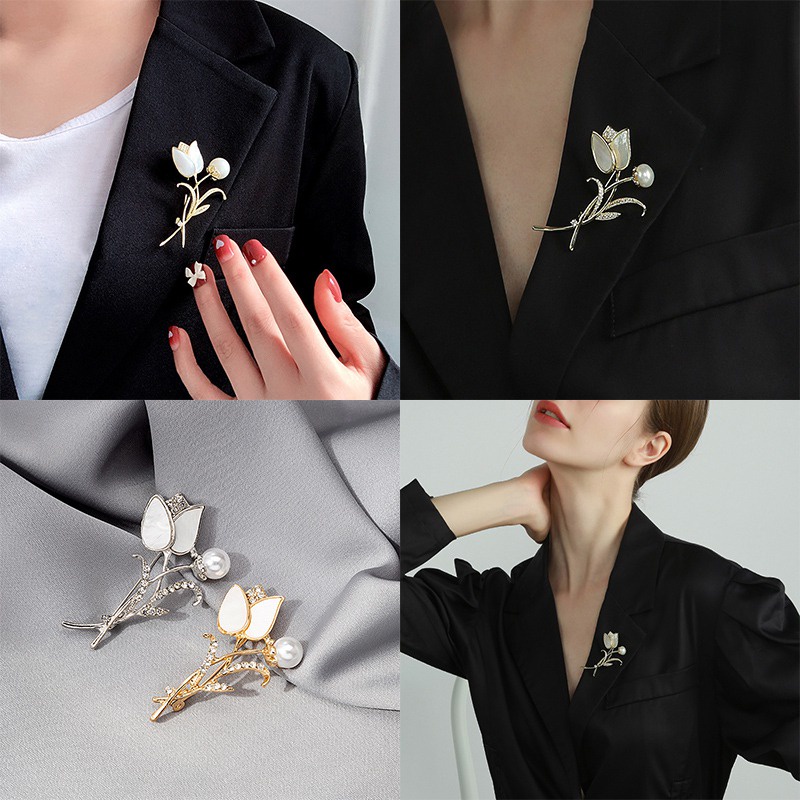 Ghim Cài Áo Hình Hoa Tulip Vỏ Sò Tự Nhiên Bằng Đồng Mạ Bạc Thời Trang Hàn Quốc Mới