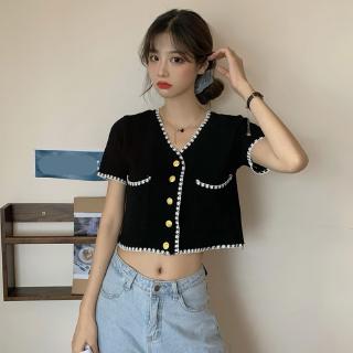 Áo thun tay ngắn cổ chữ V màu sắc tương phản thời trang cho nữ