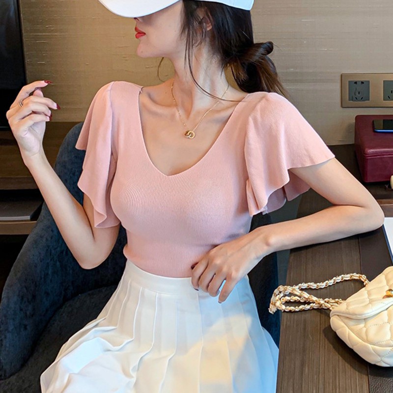 Áo Dệt Kim Tay Ngắn Cổ V Thiết Kế Màu Trơn Thanh Lịch Cho Nữ | BigBuy360 - bigbuy360.vn