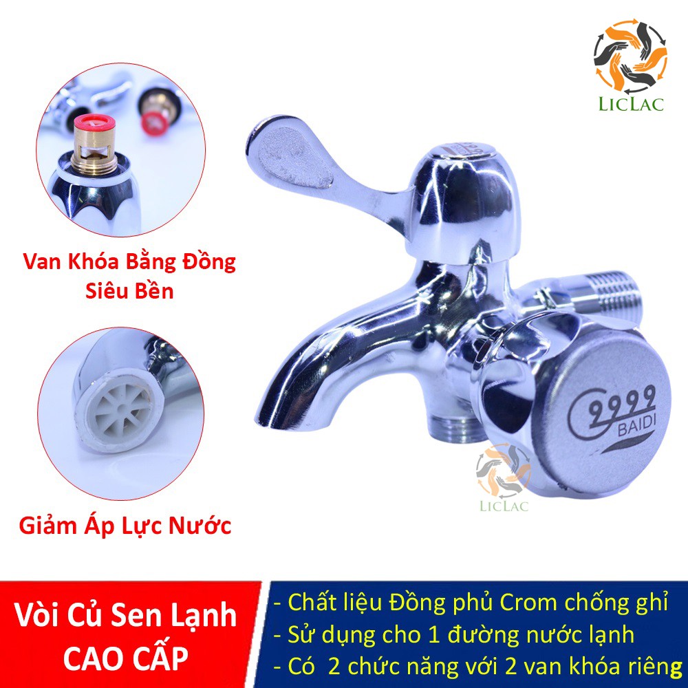 Vòi Củ Sen Tắm Lạnh BAIDI chất liệu Đồng mạ Crom bóng Cao Cấp gồm 2 van khóa xả xô và sen tắm - LICLAC