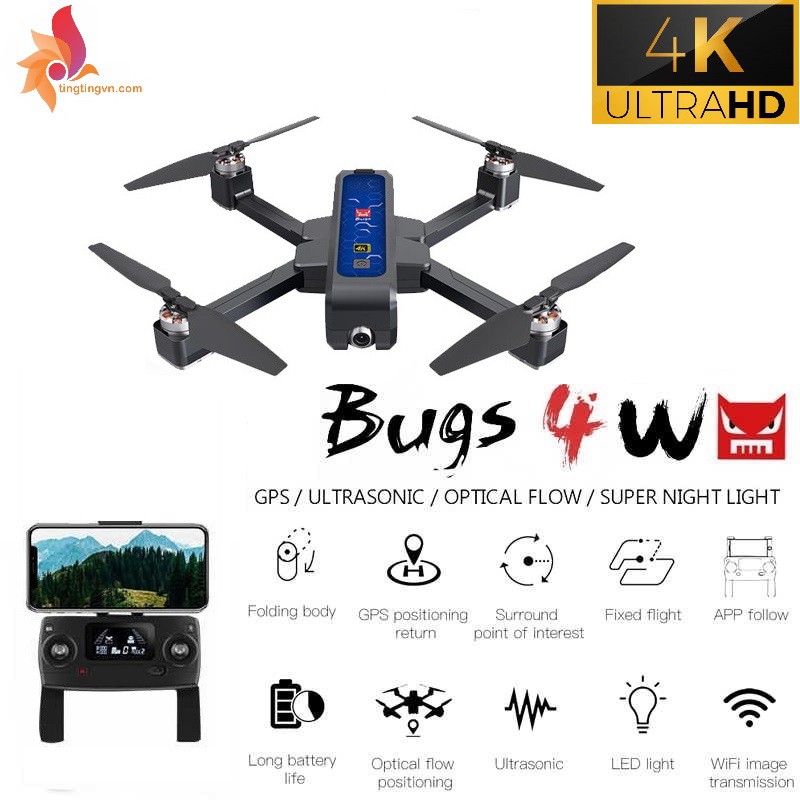 Flycam Drone MJX Bugs 4W PRO 4K Ultra HD Camera 8M GPS 5G Wifi , Cảm biến bụng 2 đèn flash