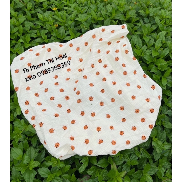 vải xô muslin 2 lớp cao cấp hàng loại 1 mềm mịn hình đầu hổ cam nền be may quần áo,khăn tắm cho bé trai