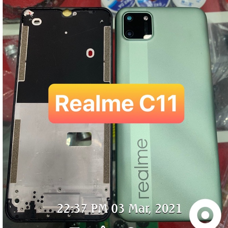 bộ vỏ Realme C11 - bộ gồm lưng,xương,phím bấm,cụm kính camera