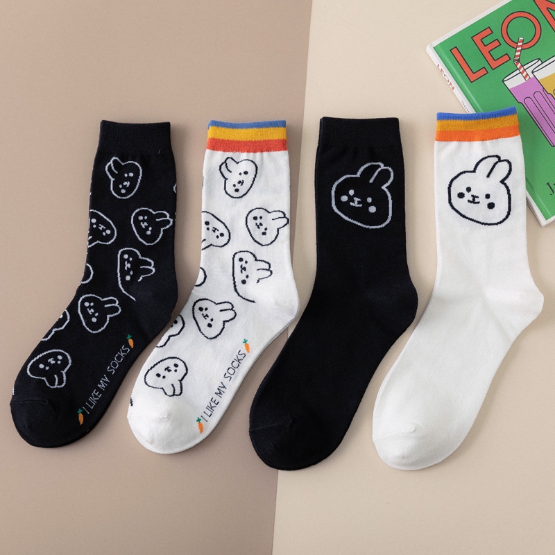 Cartoon Rabit Cotton Ladies Crew Socks Spring Cute Kawaii Animal Print Personality Black White Women Novelty Long Ankle Socks
