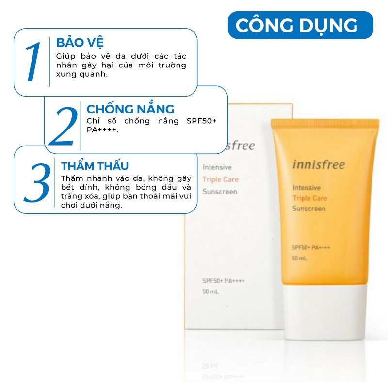 Kem chống nắng lâu trôi làm sáng da innisfree Intensive Triple Care Sunscreen SPF50+ Pa++++ 50ml