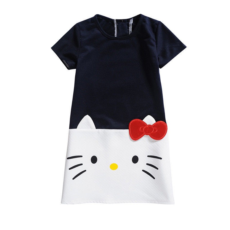 Đầm Cotton Ngắn Tay , In Họa Tiết Hello Kitty Cho Bé Gái