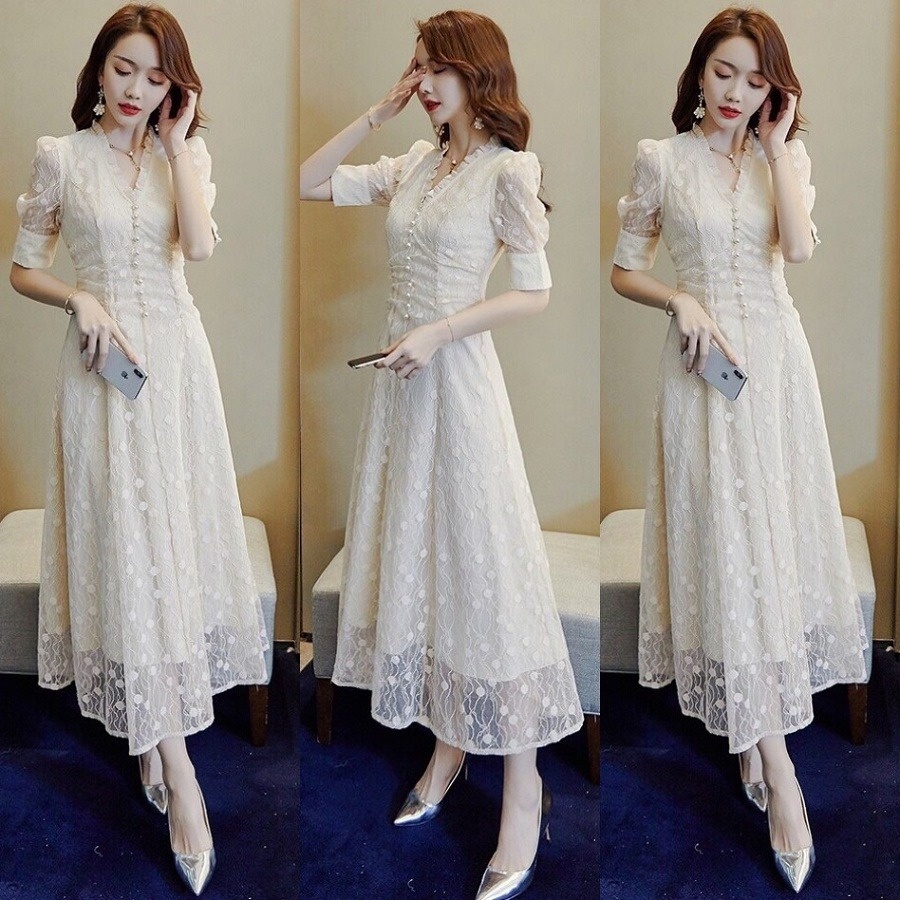 Đầm Ren Dự TIệc Cổ V Phối Nút Công Chúa BY4408