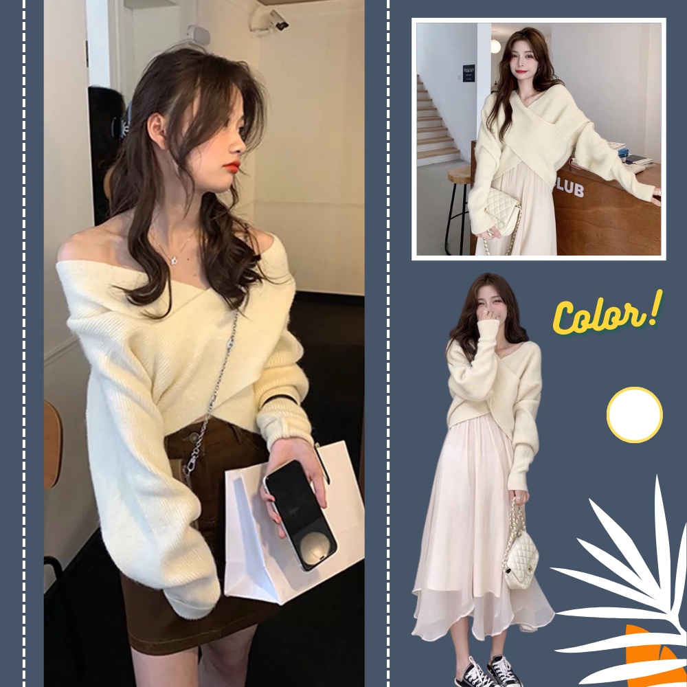 Áo Len Nữ Dài Tay Cổ V Vắt Chéo TYLANSTORE Sang Chảnh Chất Len Dày Dặn Ulzzang Dáng Croptop Mặc Trễ Vai