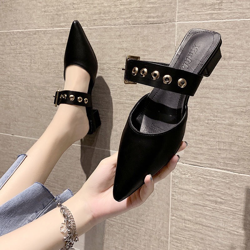 Giày sục nữ mũi nhọn da mềm khóa gài gót cao 3cm