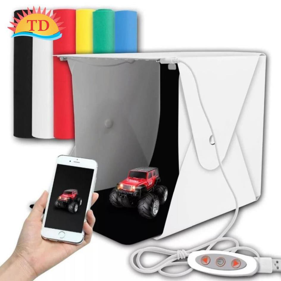 Hộp chụp hình sản phẩm có đèn Led (Cỡ đại 40x40x40) + 6 phong nền (nút bấm cố định hộp vửng) + nút t