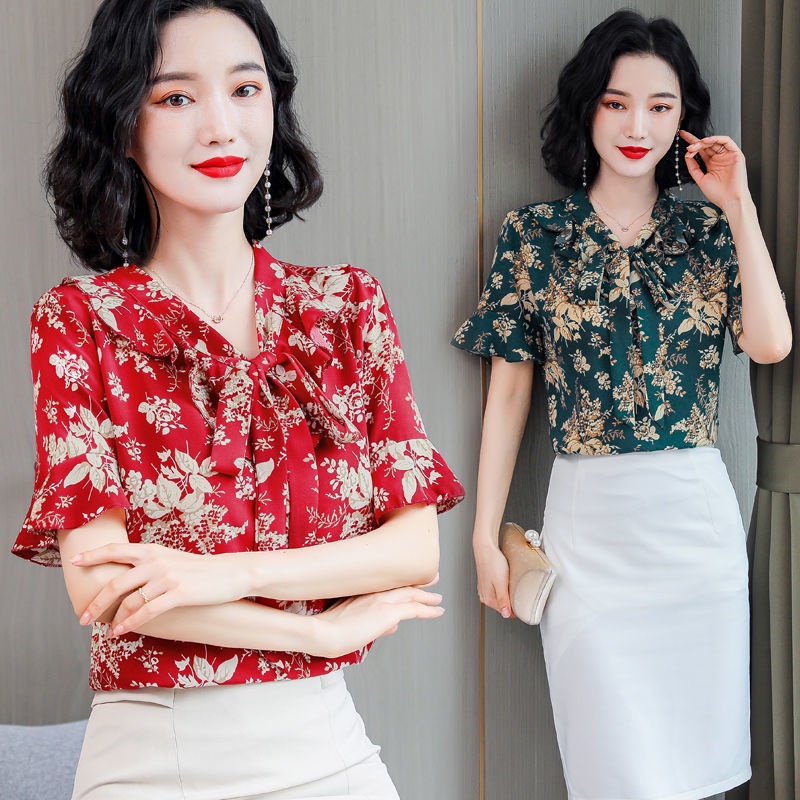 Áo chiffon tay ngắn plus size họa tiết hoa cho phụ nữ trung niên