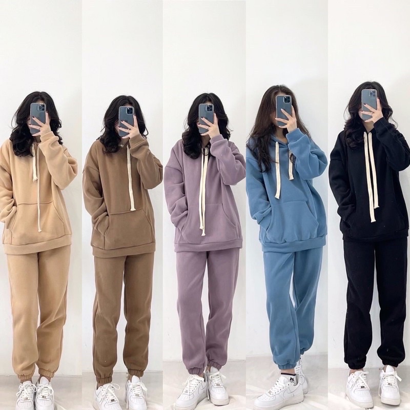 Bộ Hoodie Trơn Chất Nỉ Dày Dặn Dây Bản To Phong Cách Bassic - SINNA STORE