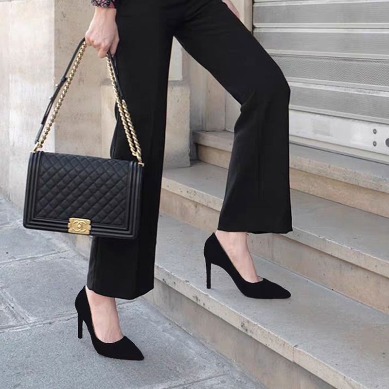 Giày Cao Gót Nữ Đen Da Lộn Mũi Nhọn Thời Trang Cao 5-9 Phân