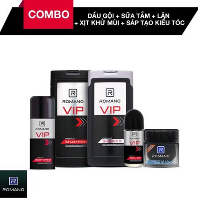 Combo Romano VIP: Dầu Gội 180g + Sữa Tắm 180g + Lăn Khử Mùi 50ml + Xịt Khử Mùi 150ml + Sáp Tạo Kiểu Tóc Matte 68g