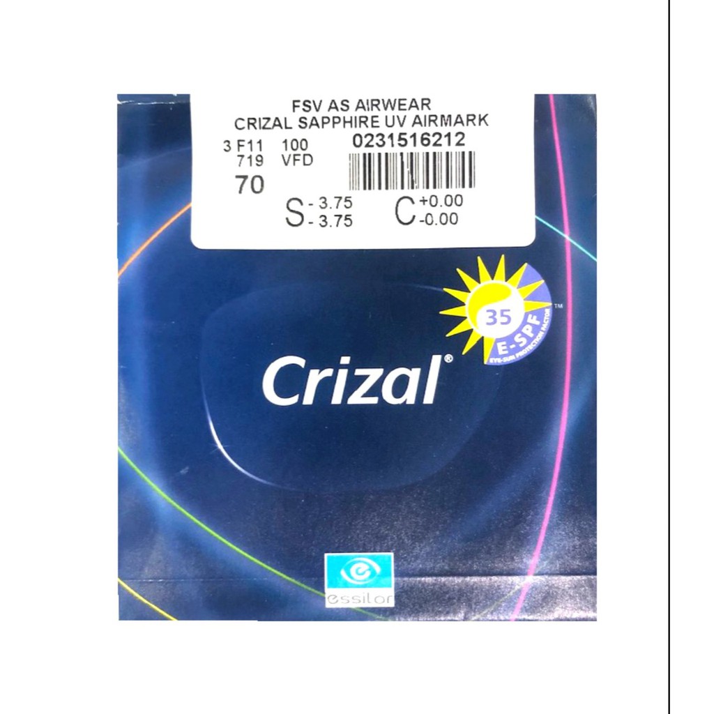 Tròng kính ESSILOR 1.59 và 1.67 CRIZAL SAPPHIRE UV chính hãng Pháp