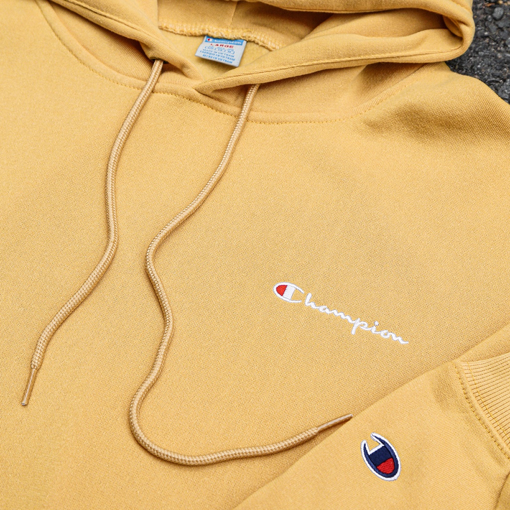Áo Hoodie Thêu Logo Champion Sắc Nét Phía Trước-Chất Vải Nỉ Bông Cotton-Form Rộng Rãi Unisex Nam Nữ-Màu Vàng Cam