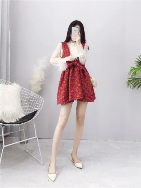 Sét Divi yếm nơ caro đỏ kèm áo voan trắng tay dài xinh xắn DG4563