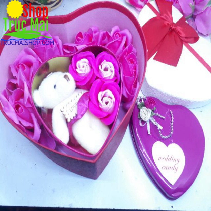 feeship Quà 20/10 - Hộp quà Tim trong tim (2 trái tim hoa gấu)