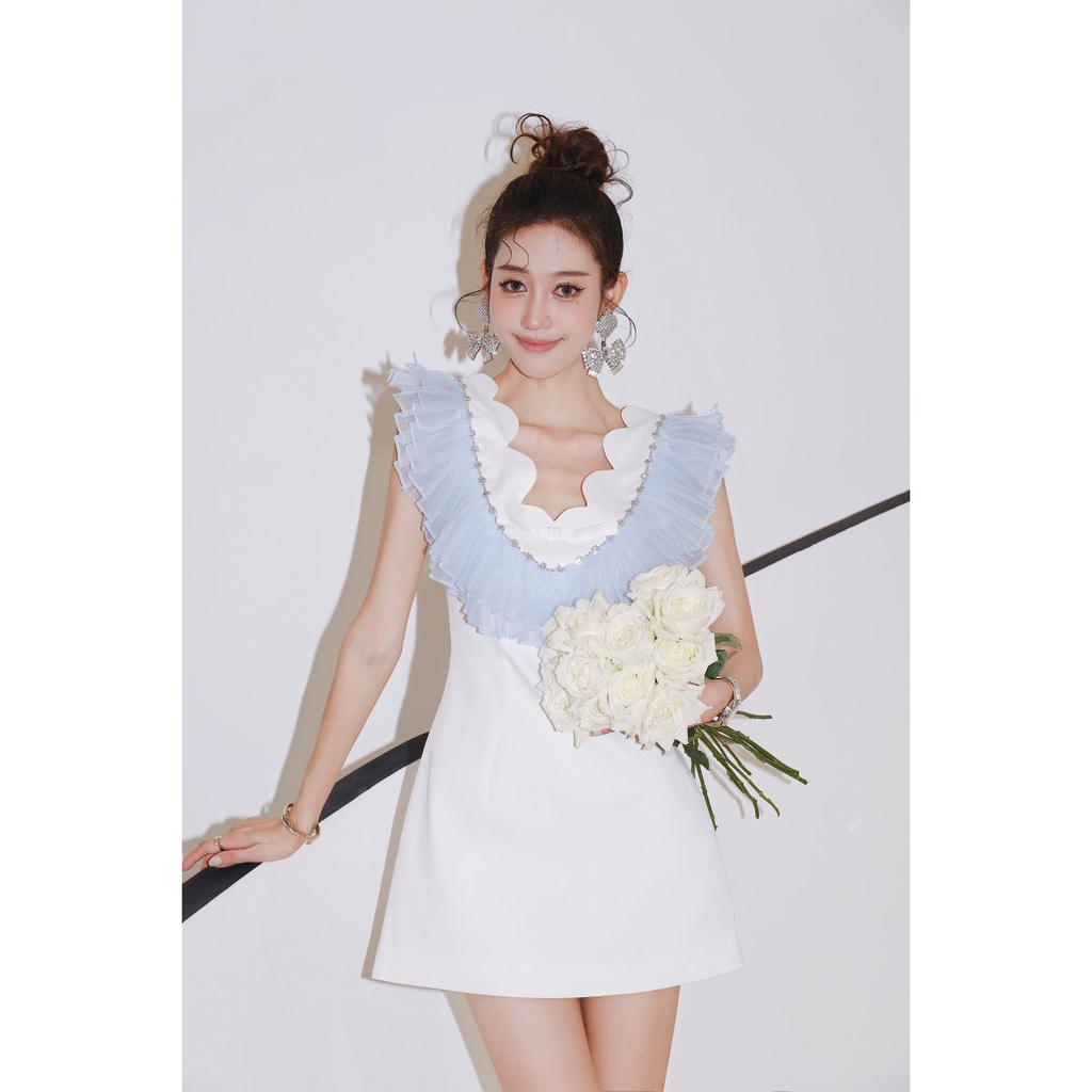 Phong Cách mới!F &amp; X Đầm Hai Dây Ngắn Lưng Cao Viền Gợn Sóng Bằng Vải Organza Nhẹ Nhàng Quyến Rũ Cao Cấp Kiểu Pháp Ngọt Ngào Thời Trang Mùa Hè Dành Cho Nữ