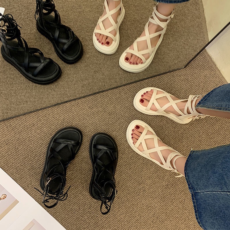 Sandal Đế Dày Thiết Kế Dây Đan Chéo Phong Cách La Mã Thời Trang Mới Cho Nữ