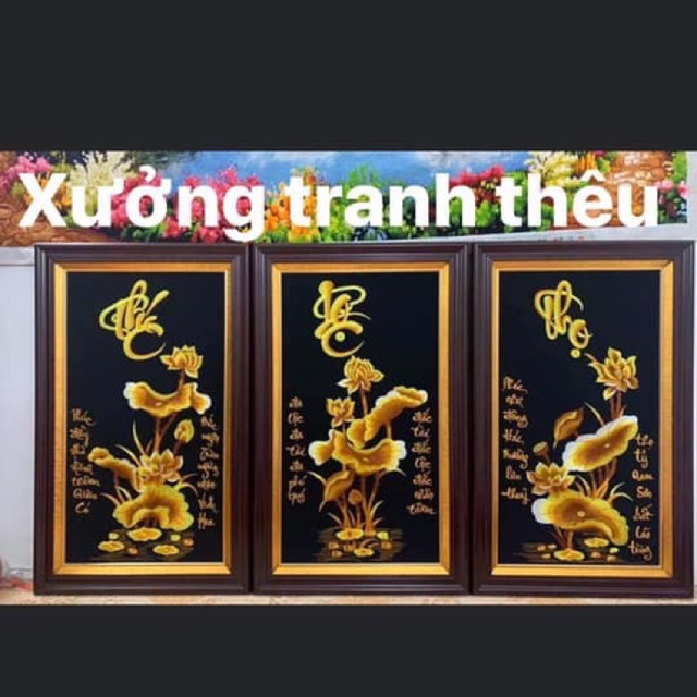 Tranh thêu chỉ lụa sen vàng phúc lộc thọ