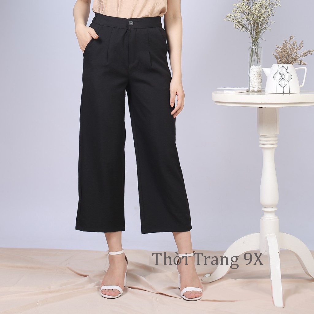 Quần suông ống rộng vải đũi khóa cúc trước sau lưng chun dài 80cm